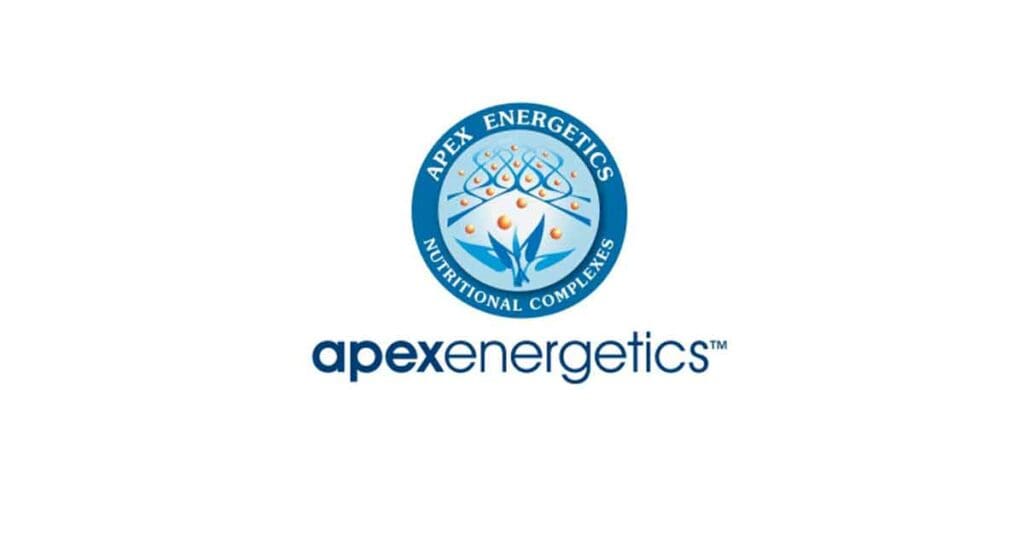 Apex energetics logo and a blue circle with an orange flower.